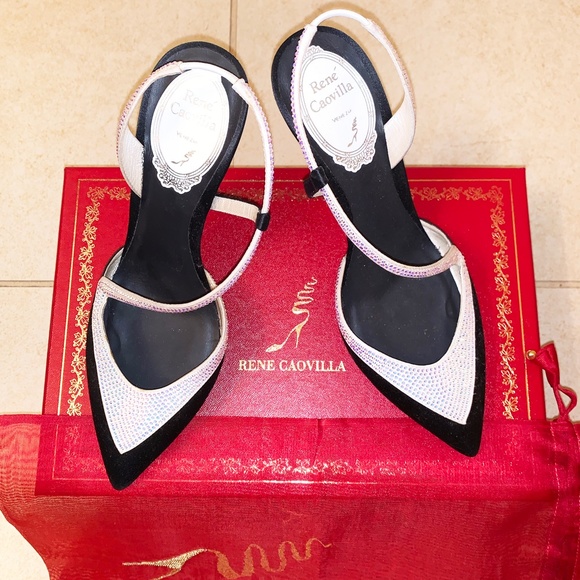 Rene Caovilla Black Silver Spark Pointed Toe Pumps - Picture 2 of 8